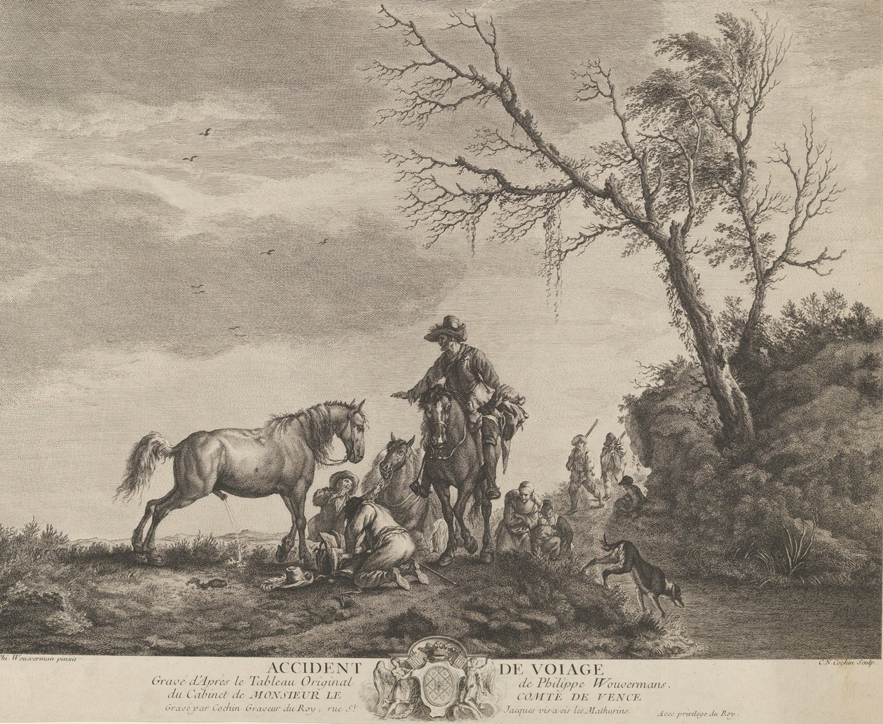 En olycka under resan, en knästående man som fixade en trasig sadel, en häst som pissade på ..., 1740-50. av Charles Nicolas Cochin