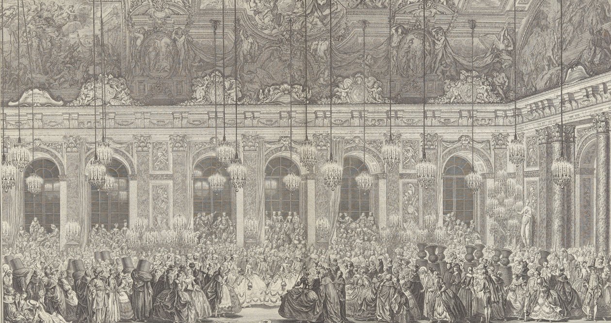 Dekoration för en maskerad bal i Versailles, i samband med t..., ca. 1860 nytryck av 1764 års plåt. av Charles Nicolas Cochin