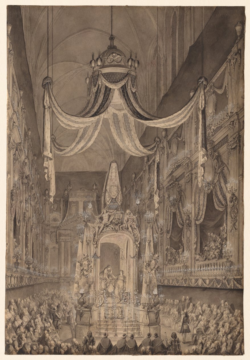 Begravning för Marie-Thérèse av Spanien, Dauphine av Frankrike, i kyrkan Nôtre Dame, Paris, den 24 november 1746 av Charles Nicolas Cochin