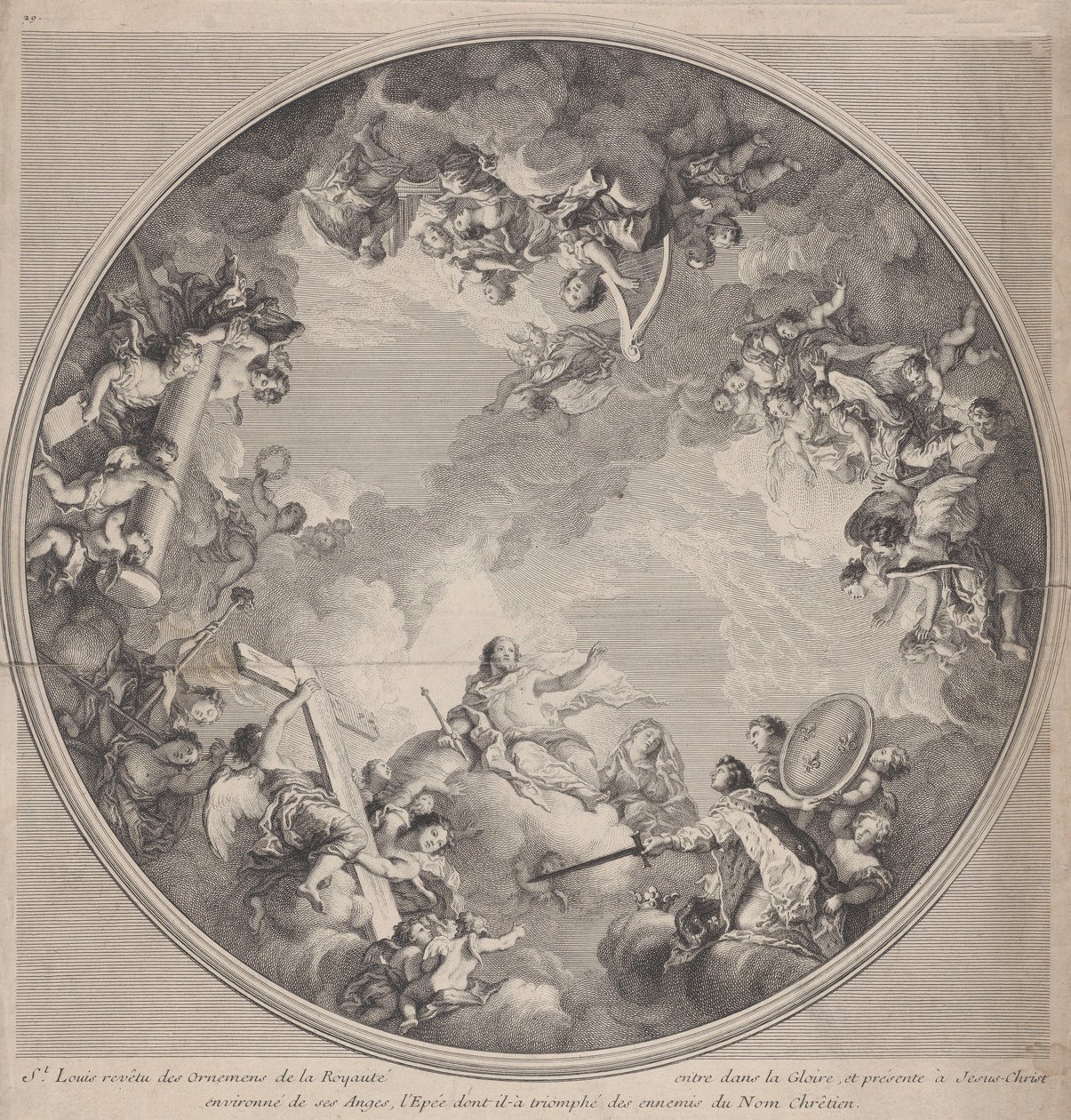 Saint Louis presenterar sitt svärd för Kristus, efter en takdesign, 1755-90. av Charles Nicolas Cochin