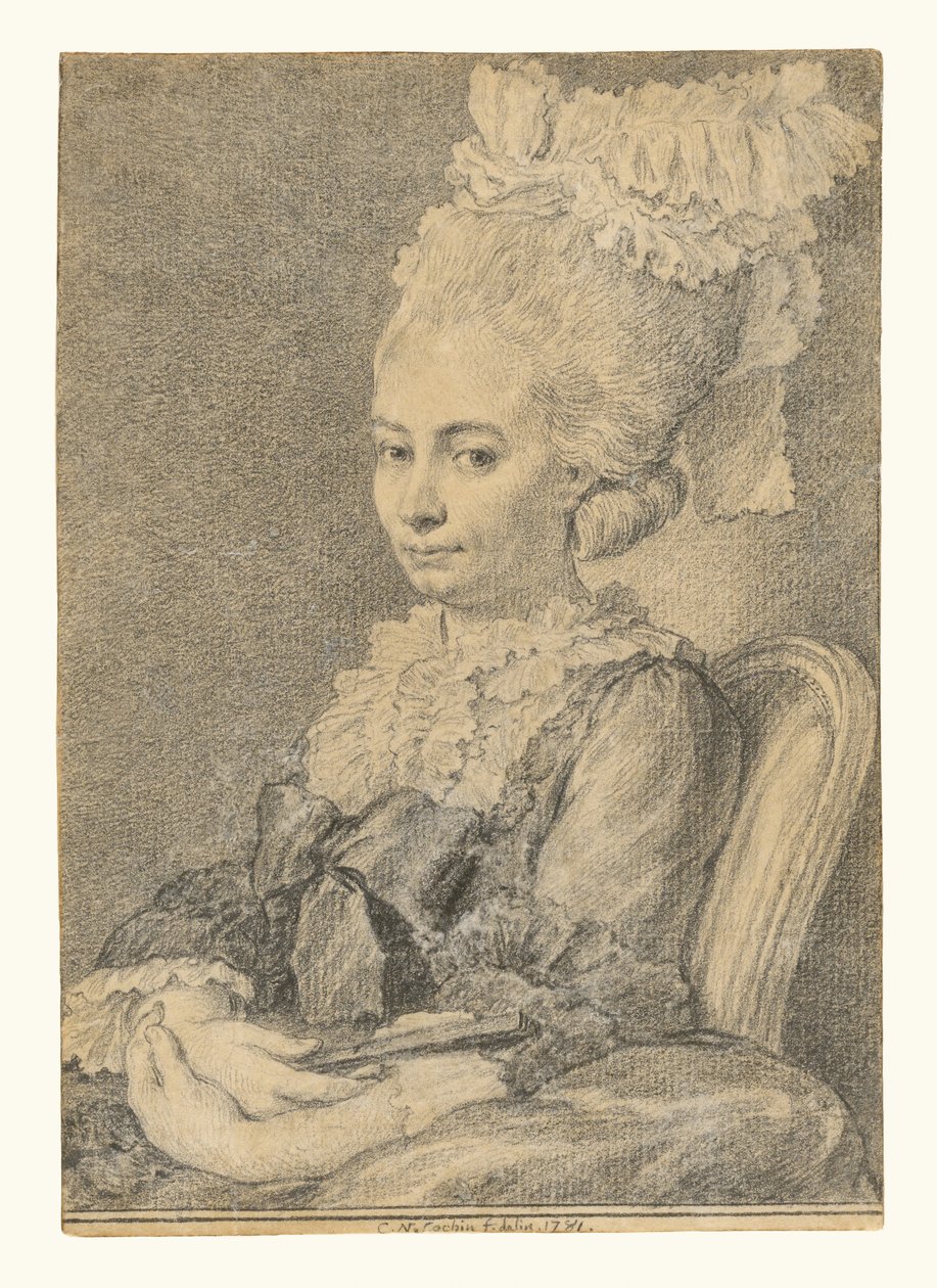 Porträtt av en ung kvinna som håller i en solfjäder av Charles Nicolas Cochin II
