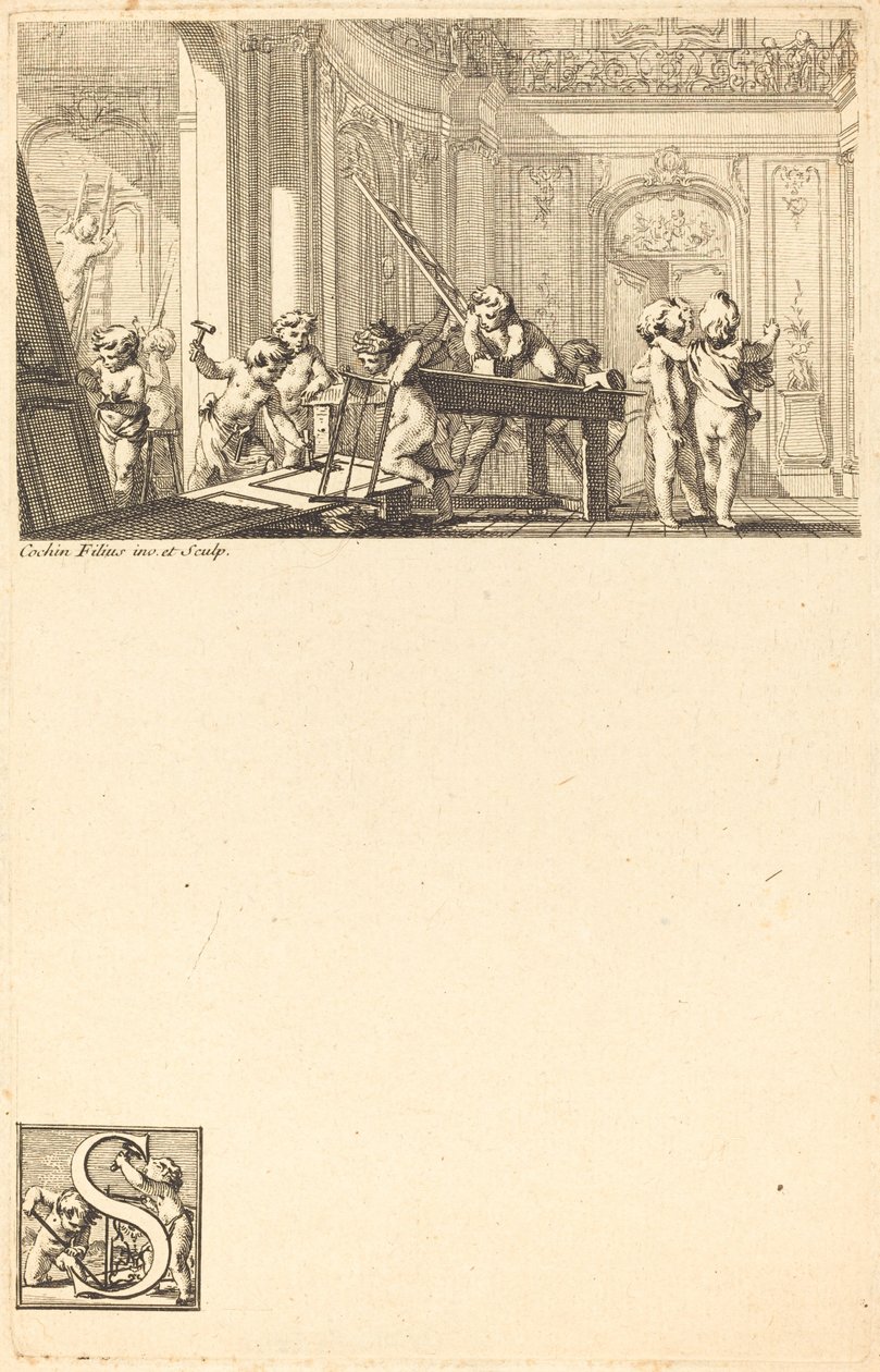Putti förbereder inredningen av en herrgård av Charles Nicolas Cochin II