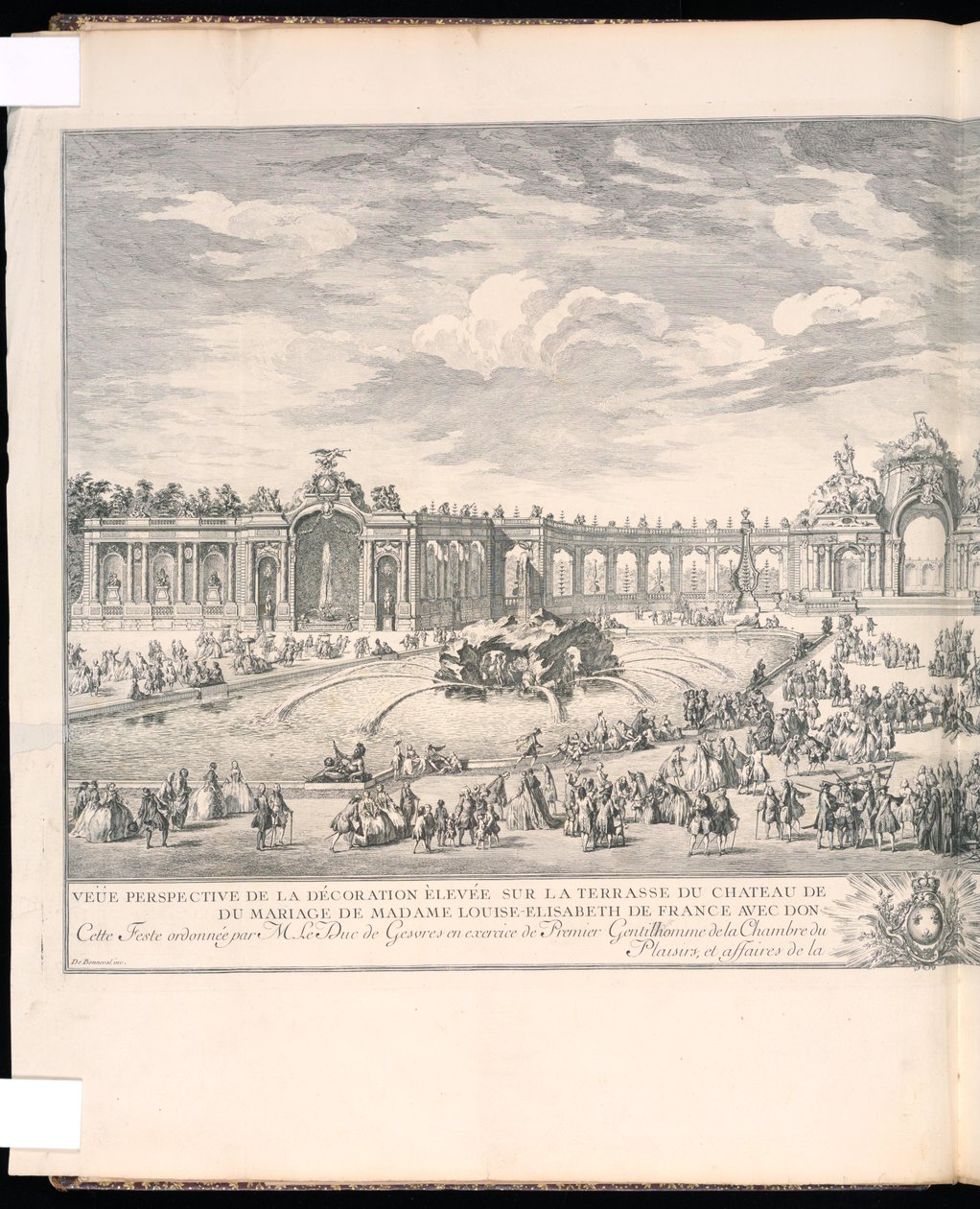 Bunden utskrift, Veüe-perspektiv av dekorationen som höjdes på terrassen i slottet i Versailles för belysningen och fyrverkerierna som ritades vid äktenskapet med fru Louise-Elisabeth av Frankrike med Don Philippe Second Jnfant d 