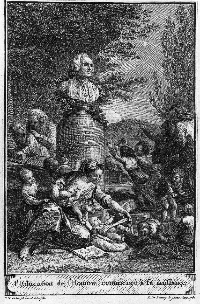 Människans utbildning börjar vid födseln. Frontispice (1782) av Jean Jacques Rousseau graverad av Robert Delaunay den unge (1749-1814) efter en teckning (1780) av Charles Nicolas Cochin den unge (1715-1790) med författarens byst. av Charles Nicolas II (after) Cochin