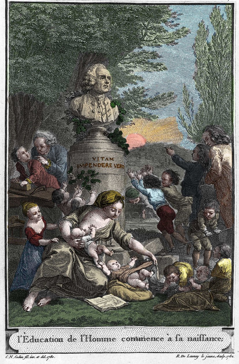 Människans utbildning börjar vid födseln. Frontispice (1782) av "" L