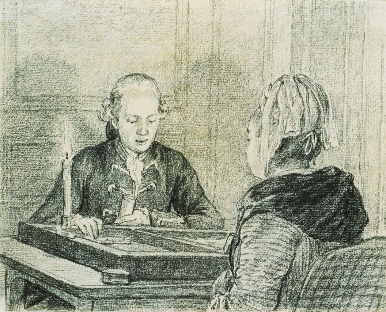 Ett sittande par, damen sedd bakifrån, spelar Backgammon med levande ljus av Charles Nicolas II Cochin