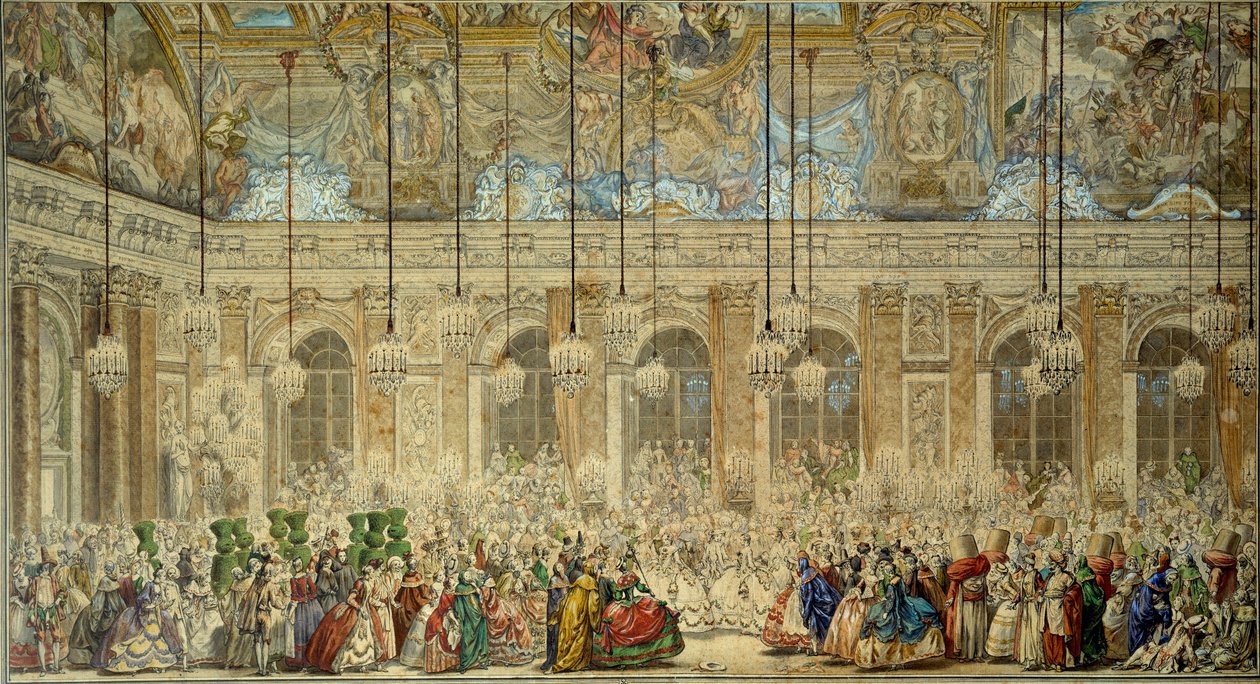 Bollmask eller boll av Ifs ger för Louis Dauphins bröllop (1729-1765) med Marie Therese (Marie-Therese) från Spanien i Glace Gallery i Versailles i februari 1745 Teckning i penna och bläck av Charles Nicolas Cochin le Jeune (1715-1790) av Charles Nicolas II Cochin