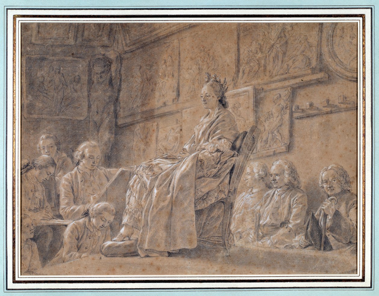 Tävling om att ta huvudet av uttrycket Olika konstnärer i verkstad som porträtterar en modell som sitter på en fåtölj. Teckning av Ch. Nicolas Cochin (1715-1790) 1763 Paris. Carnavalet Museum av Charles Nicolas II Cochin