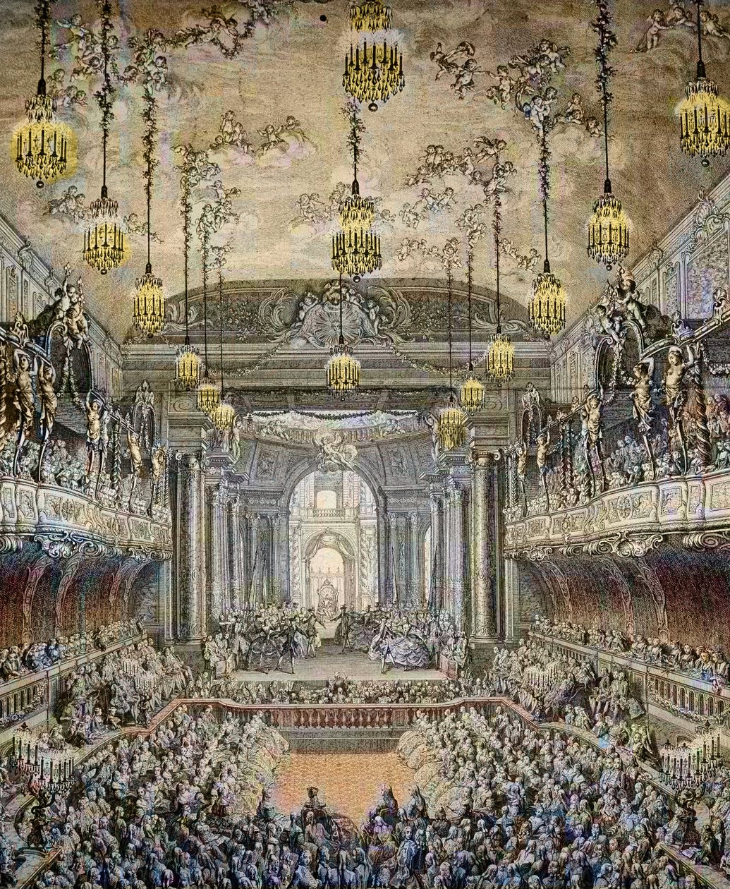 Representation av balettkomedin "La Princesse de Navarre"" i Versailles, med anledning av Louis Dauphins äktenskap med Marie Therese (Marie-Therese) från Spanien (1726-1746) i Versailles den 23 februari av Charles Nicolas II Cochin