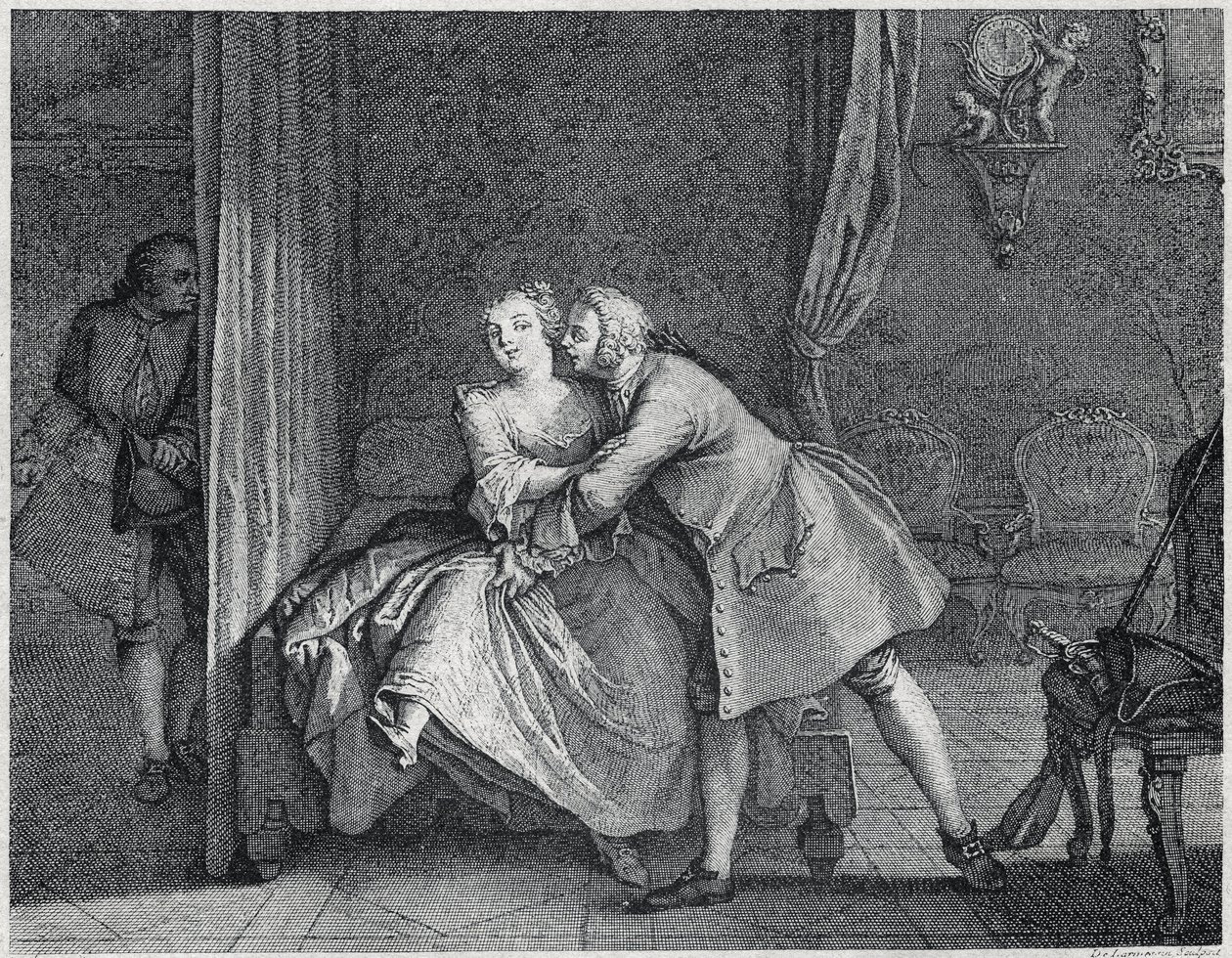 Öronmakaren och formställsillustrationen för Les contes de La Fontaine, cirka 1743”. gravyr av Charles-Nicolas Cochin (1715-1790). av Charles Nicolas II Cochin