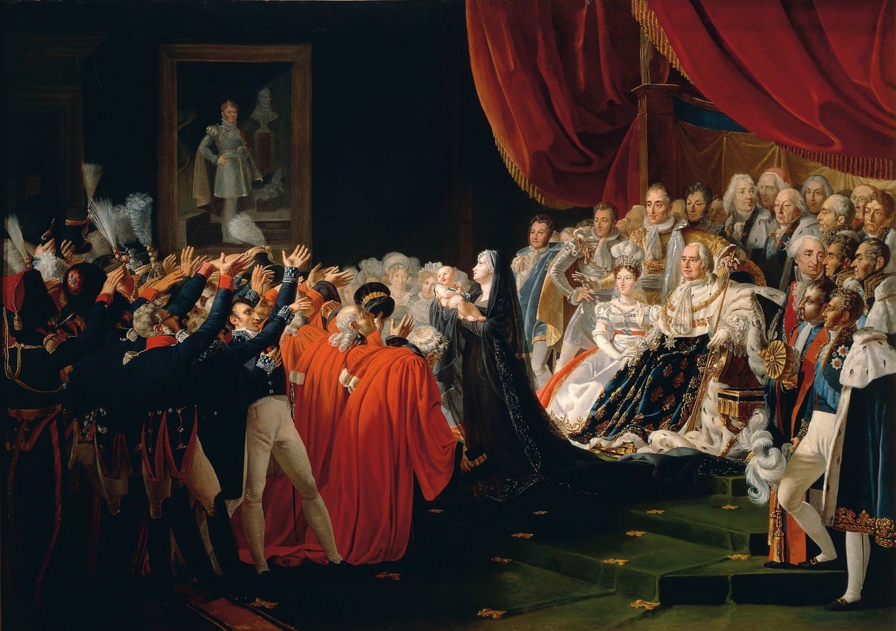 Frankrike, Versailles, Hertiginnan av Berry presenterar hertigen av Bordeaux för åskådarna av Charles Nicolas Raphael Lafond