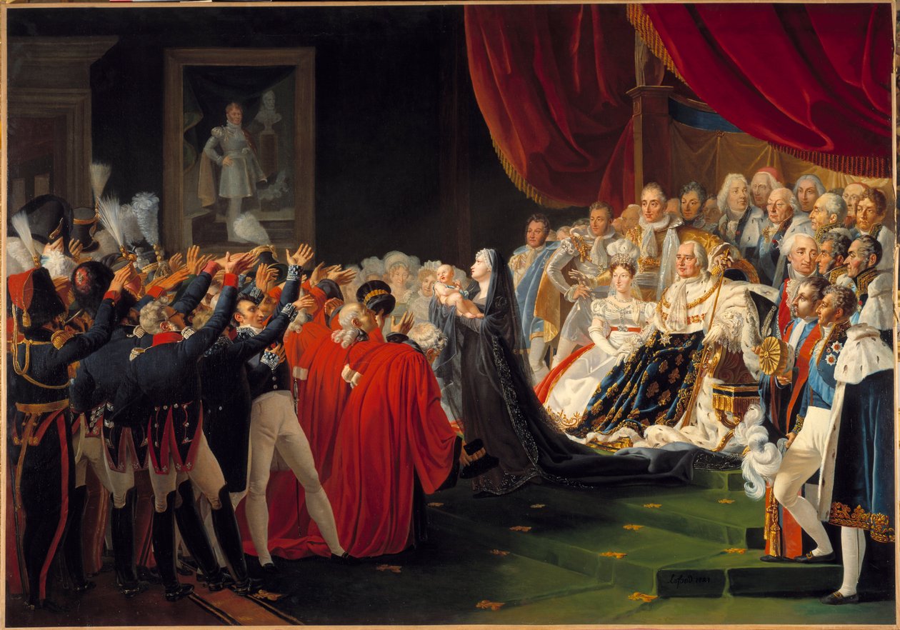 Hertiginnan av Berry presenterar sin son hertigen av Bordeaux för folket och armén: Marie Caroline de Bourbon Sicilien, hertiginnan av Berry, presenterar sin son hertigen av Bordeaux för folket och för armén i närvaro av kung Ludvig XVIII, omger av Charles Nicolas Raphael Lafond