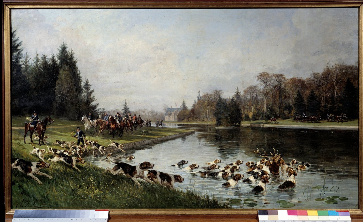 Jaga en ras: "" Hjortens hallali vid Sulvies dammen, jakten på hertigen av Aumale"" Målning av Charles Olivier de Penne (1831-1897) 1880 Sön. 0,77x1,33 m Chantilly, musee Conde - Jakt på hundar: Halloos av rådjur vid Sulvies damm, jakt på av Charles Oliver de Penne