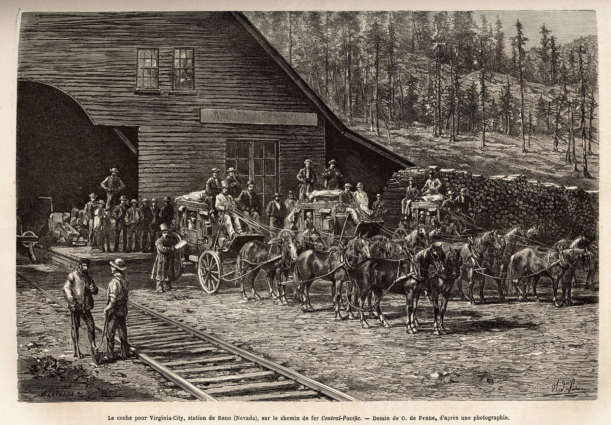 Reno-stationen, för att ta bocken för Virginia City (Nevada), på Central Pacific Railway (Central Pacific), graverad efter ritningen av O. de Penne, som illustrerar resan från Washington till San Francisco, 1868, av L. Simonin, publicerad i "Le t av Charles Oliver de Penne