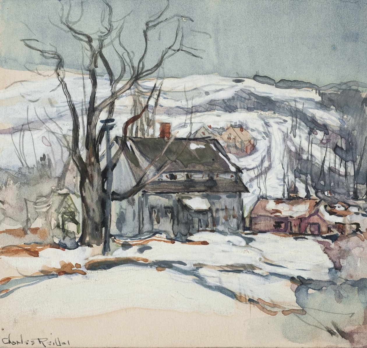 Hus och träd på vintern av Charles P. Reiffel