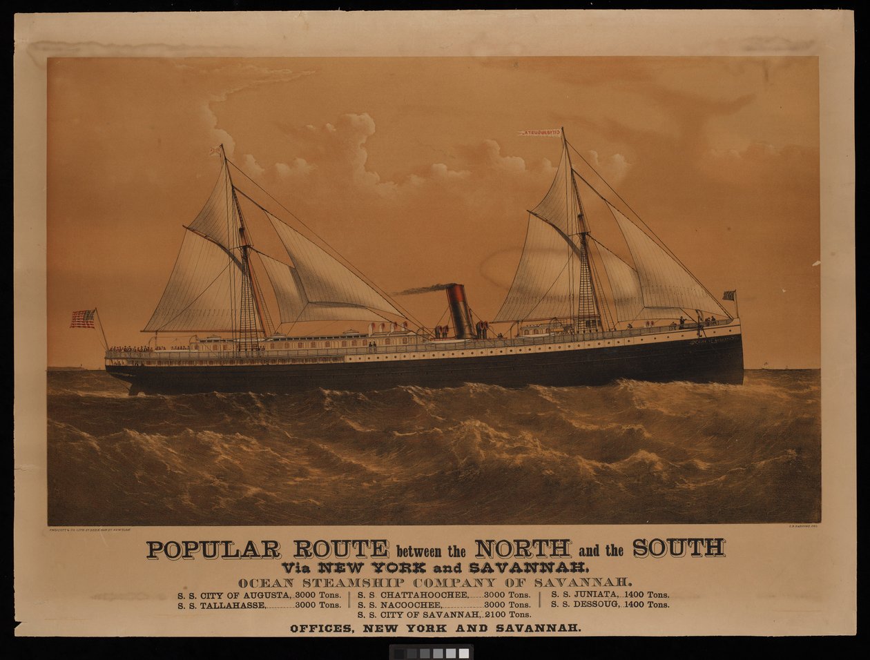Populär rutt mellan norr och söder via New York och Savannah, Ocean Steamship Company of Savannah... Staden Augusta... (litografi, färglagd) av Charles Parsons