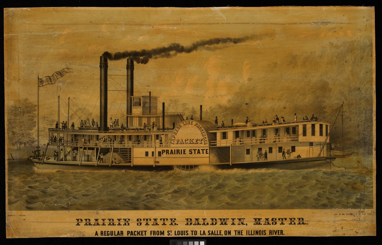 Prairie State. Baldwin, mästare. Ett reguljärt paket från St Louis till La Salle, på Illinoisfloden (litografi, färglagd) av Charles Parsons