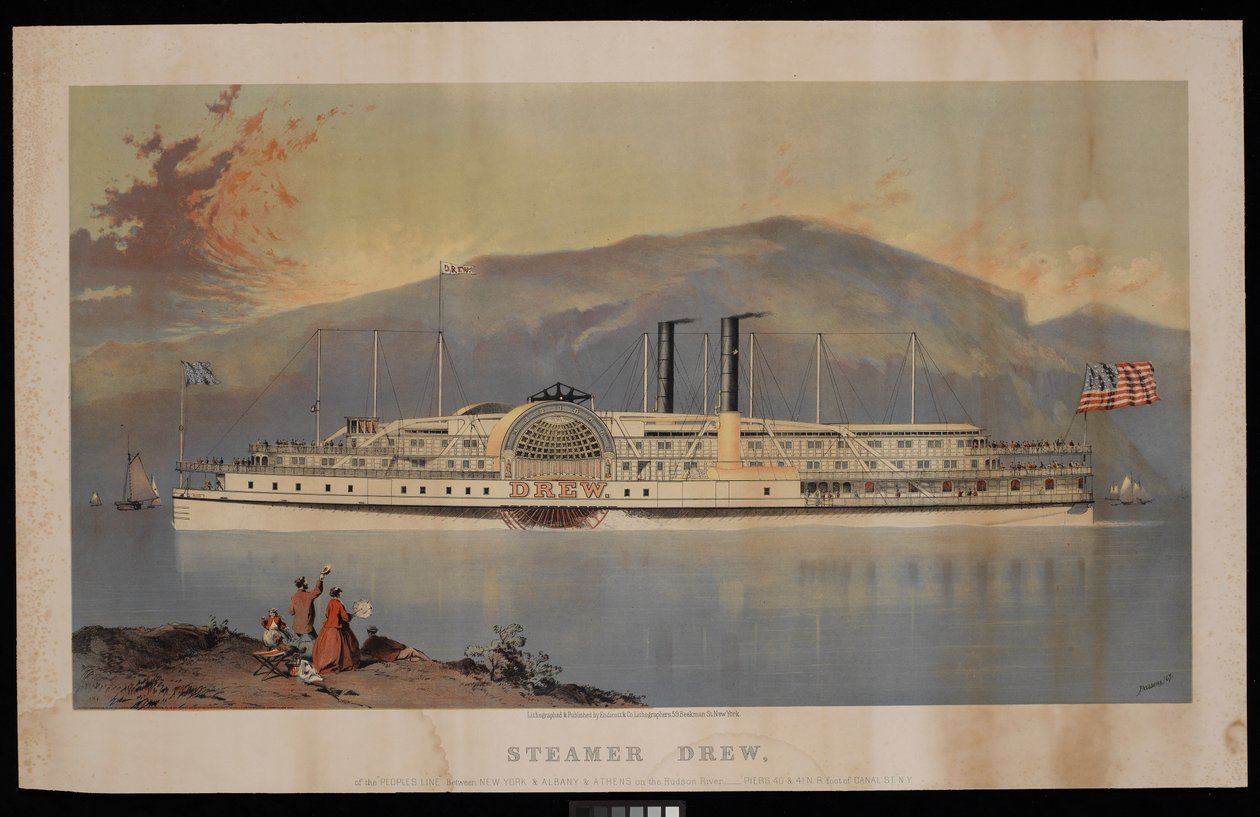 Ångfartyget Drew, från "Peoples Line" mellan New York  Albany  Athens på Hudsonfloden - Piers 40  41 N.R. foot of Canal St N.Y. av Charles Parsons