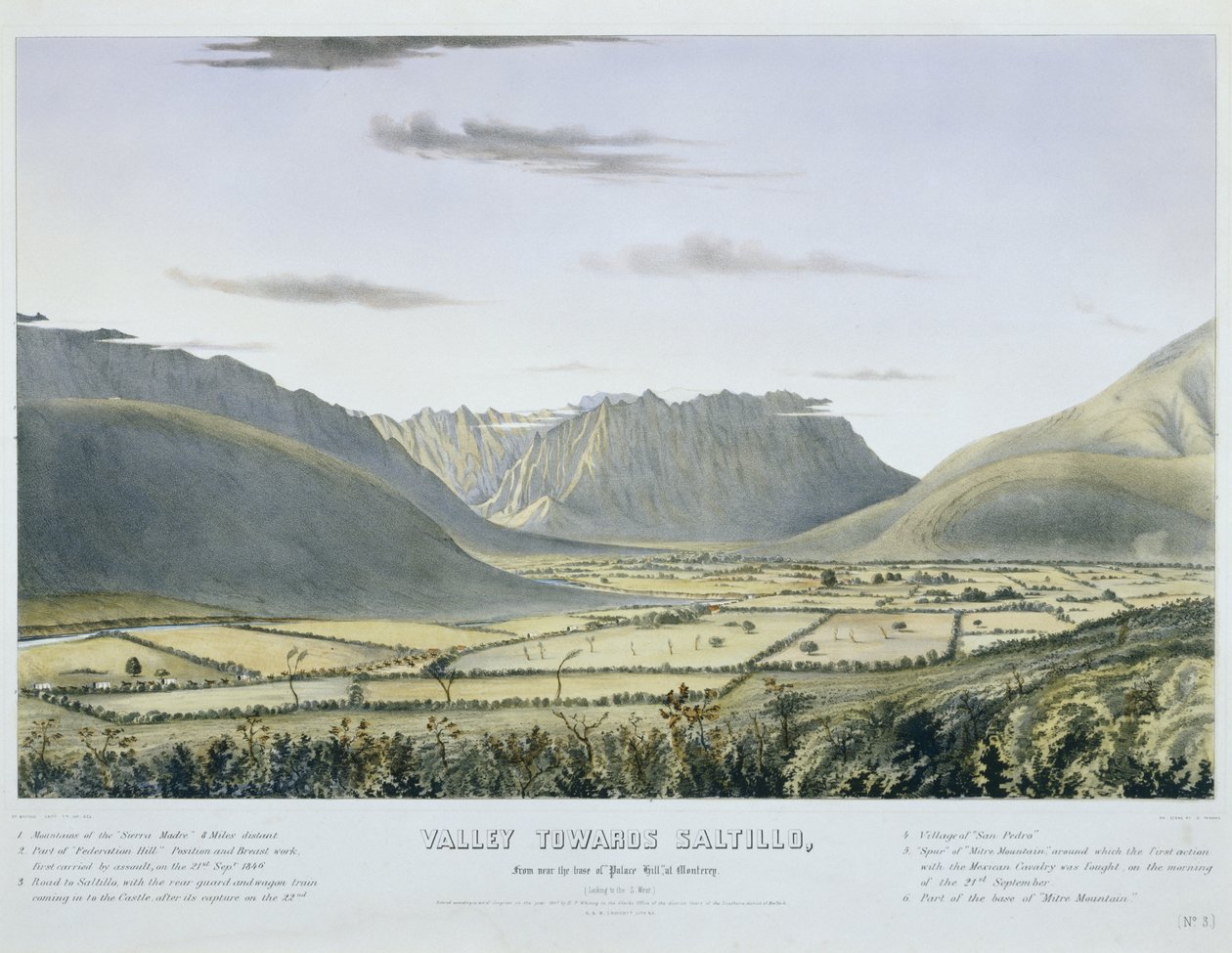Valley mot Saltillo, från nära basen av "Palace Hill" vid Monterey. [Ser mot sydväst.]... [Nej. 3.] [med U. S. Arméns bakvakt och vagntåg som kommer in i slottet efter dess kapitulation]. av Charles Parsons