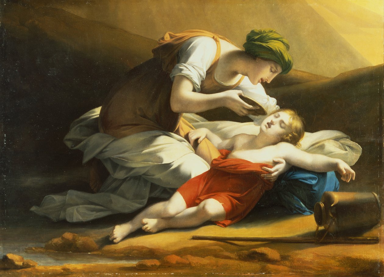 Hagar ger Ishmael vatten från den mirakulösa brunnen i öknen (olja på duk) av Charles Paul Landon
