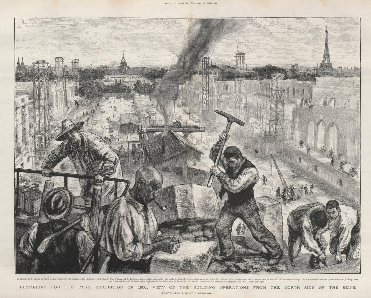 Förberedelser inför Parisutställningen 1900: utsikt över byggnadsverksamheten från norra sidan av Seine. av Charles Paul Renouard