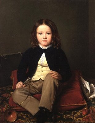 Porträtt av en pojke som sitter på en kudde med ett horn av Charles Paulin Francois Matet