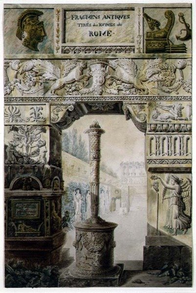 Antika fragment från forntida Rome, design för en titelsida från "Palats, hus och andra moderna byggnader, teckningar i Rome" av Charles Percier och Francois Leonard Fontaine (1762-1853) pub. Paris av Charles Percier