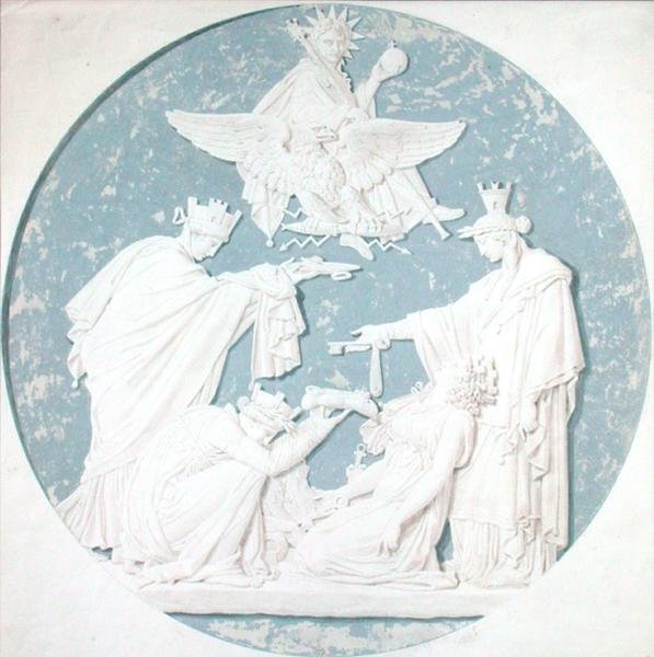 Design för en medaljong som visar Napoleons härlighet (1769-1821) (penna och wc på papper) av Charles Percier