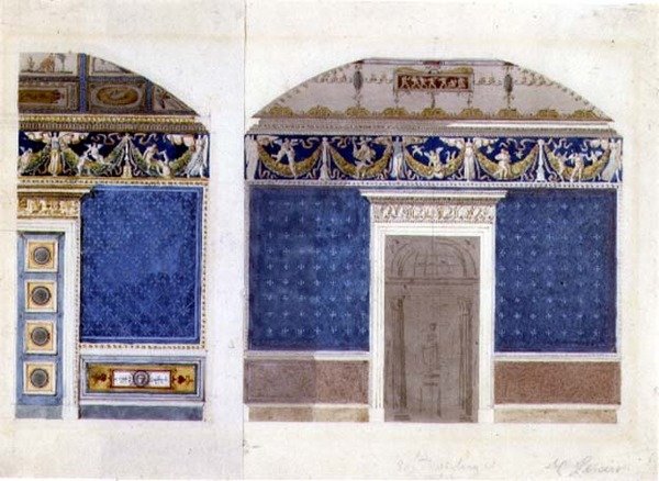Design för ett imperiumpalatsinteriör, ca 1810 (akvarell och gouache på papper) av Charles Percier