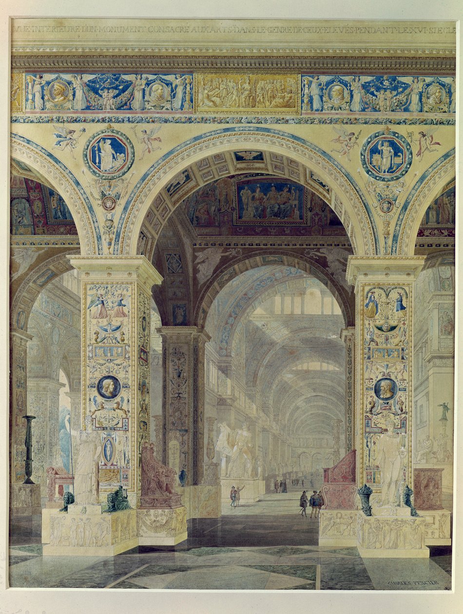 Interior View of the Louvre (gouache & wc on paper) av Charles Percier