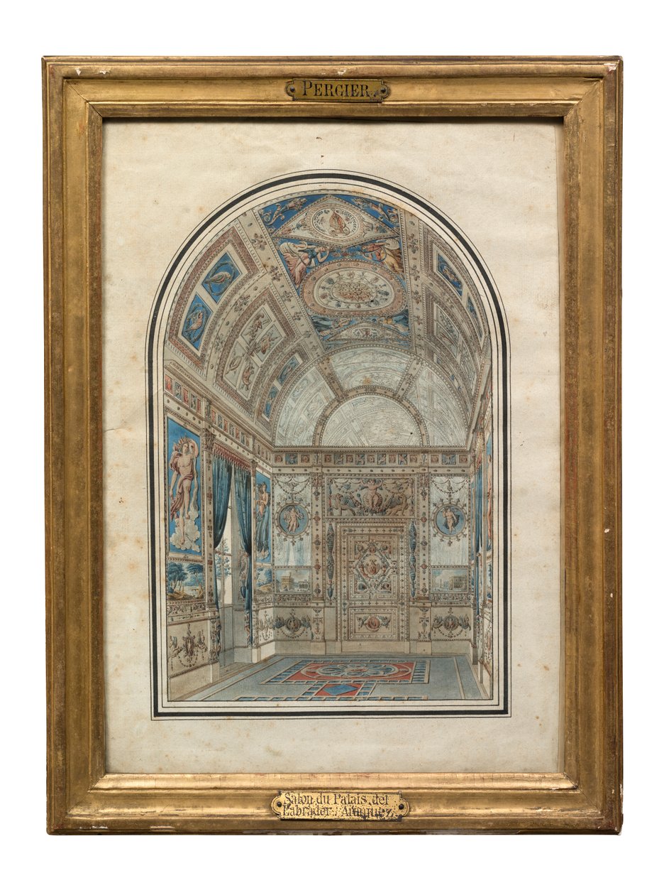 Rum i Casa del Labrador, Royal Palace of Aranjuez (penna, bläck & wc på papper) av Charles Percier