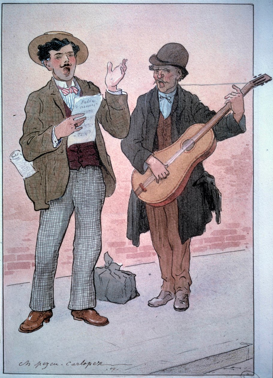 Small Metiers of Paris: gatusångare. Teckning av Charles Pezeu dit Carlopez (1900-talet) av Charles Pezeu Carlopez