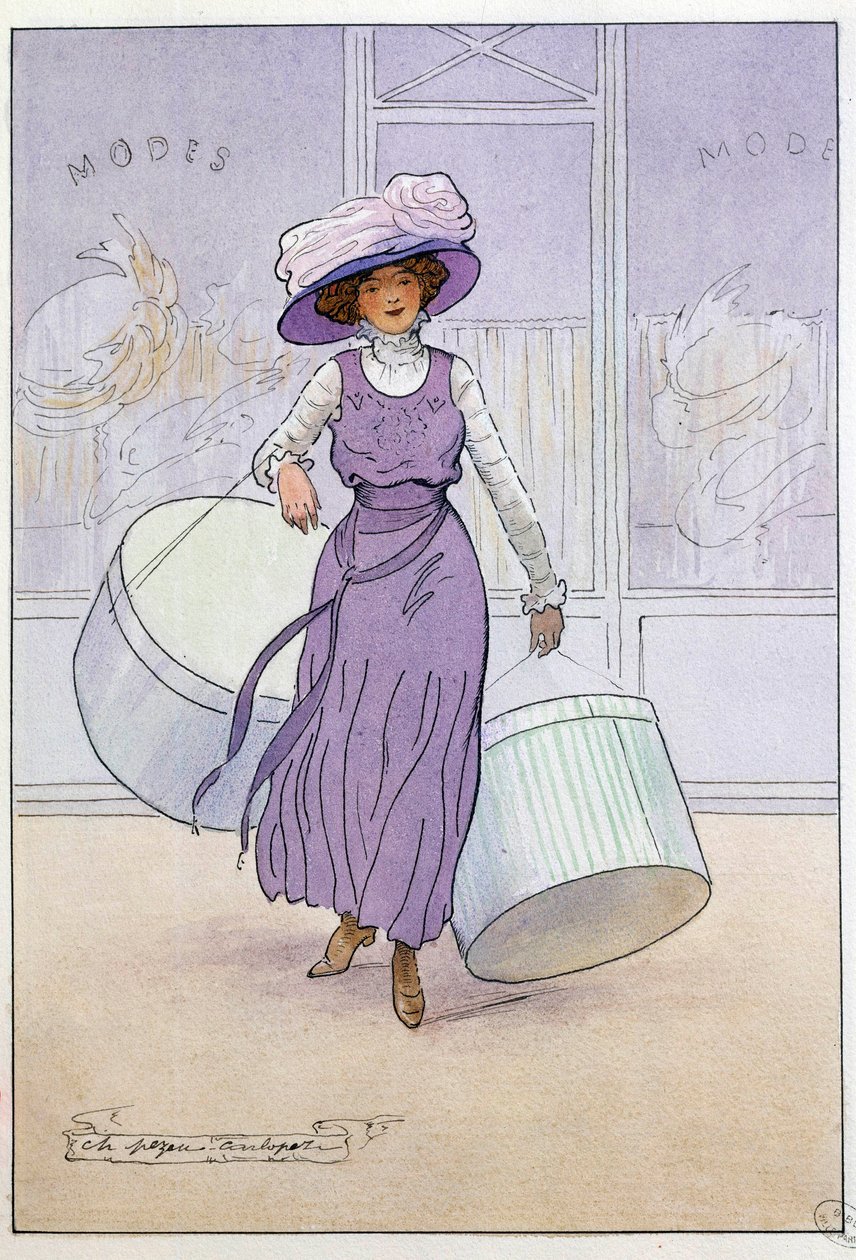 Små metier av Paris: den modisten. Teckning av Charles Pezeu dit Carlopez (1900-talet) av Charles Pezeu Carlopez