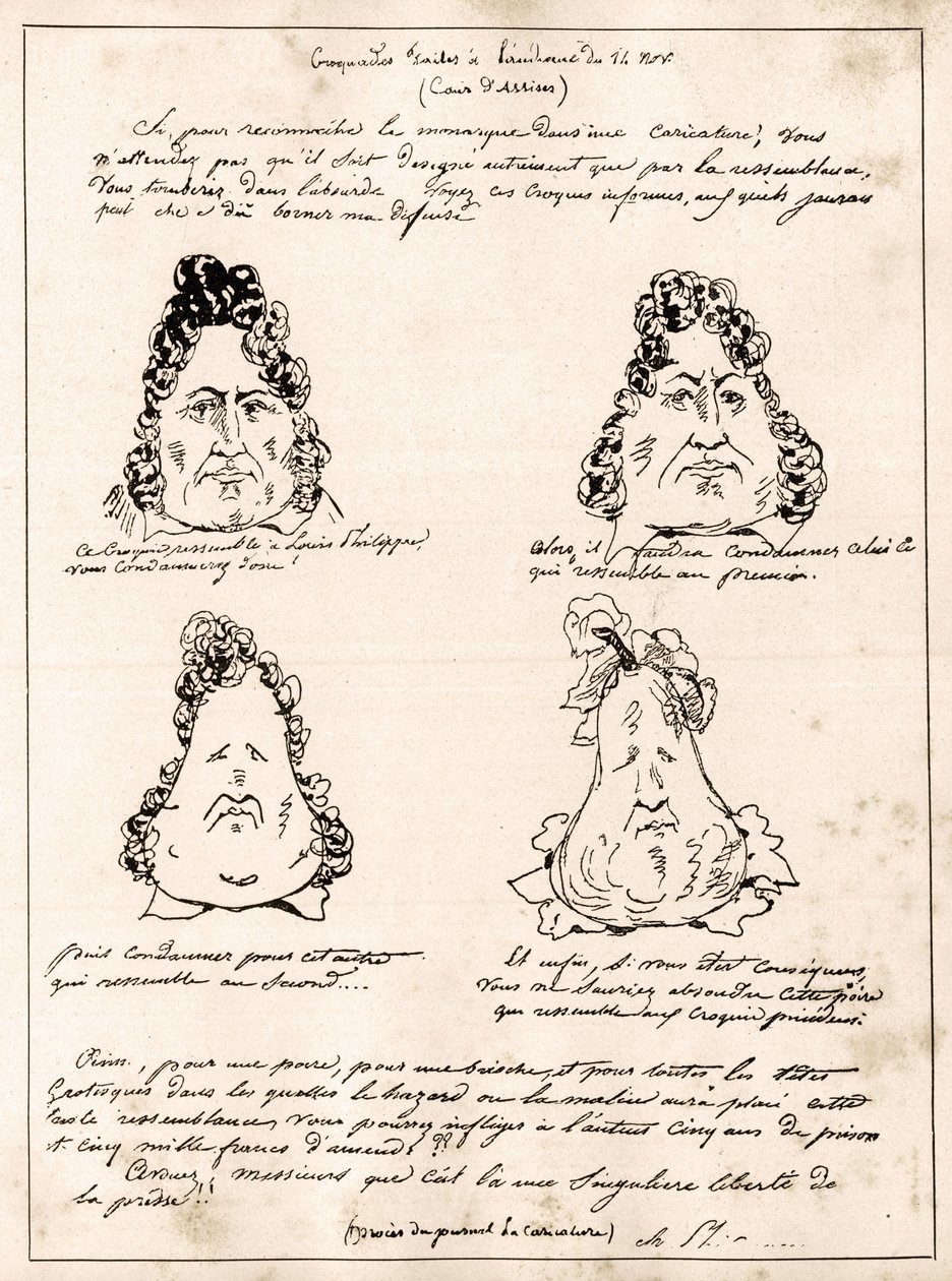 Croquades gjorda vid utfrågningen den 14 november - tecknad Louis Philippe i päron av Charles Philipon (1800-1862) - 1832 - (Louis-Philippe förvandlas gradvis till ett päron) av Charles Philipon