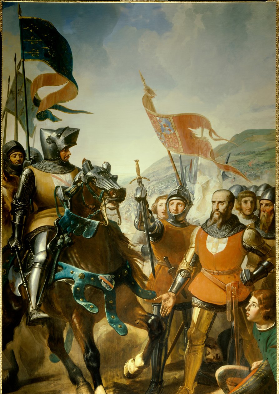 Hundraåriga kriget (1337-1453): detalj av "" Slaget vid Cocherel, nära Evreux, vunnet av Bernard du Guesclin (1320-1380) på kungen av Navarras trupper, den 16/05/1364"" Målning av Charles Philippe Lariviere (1798-1876) omkring 1837 sön. 4,2x2,6 m. av Charles Philippe Lariviere