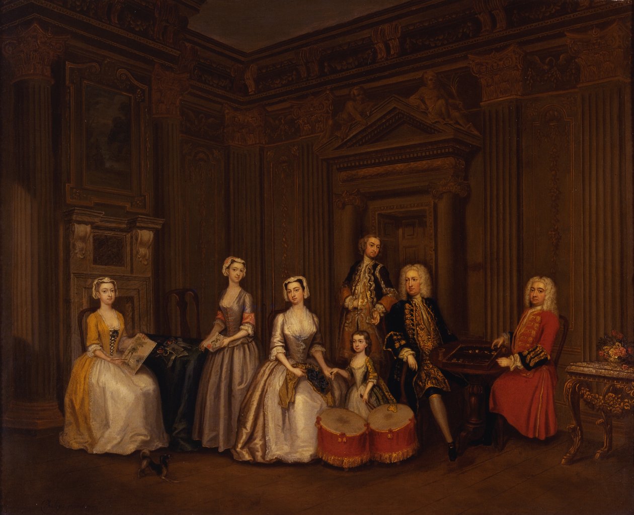 Porträtt av Algernon Seymour, Lord Hertford (senare 7:e hertigen av Somerset) med överste Tomkins Wardour, överste Browne, Lord Beauchamp, Frances, Lady Hertford, Lady Elizabeth Seymour och Miss Herbert av Charles Philips