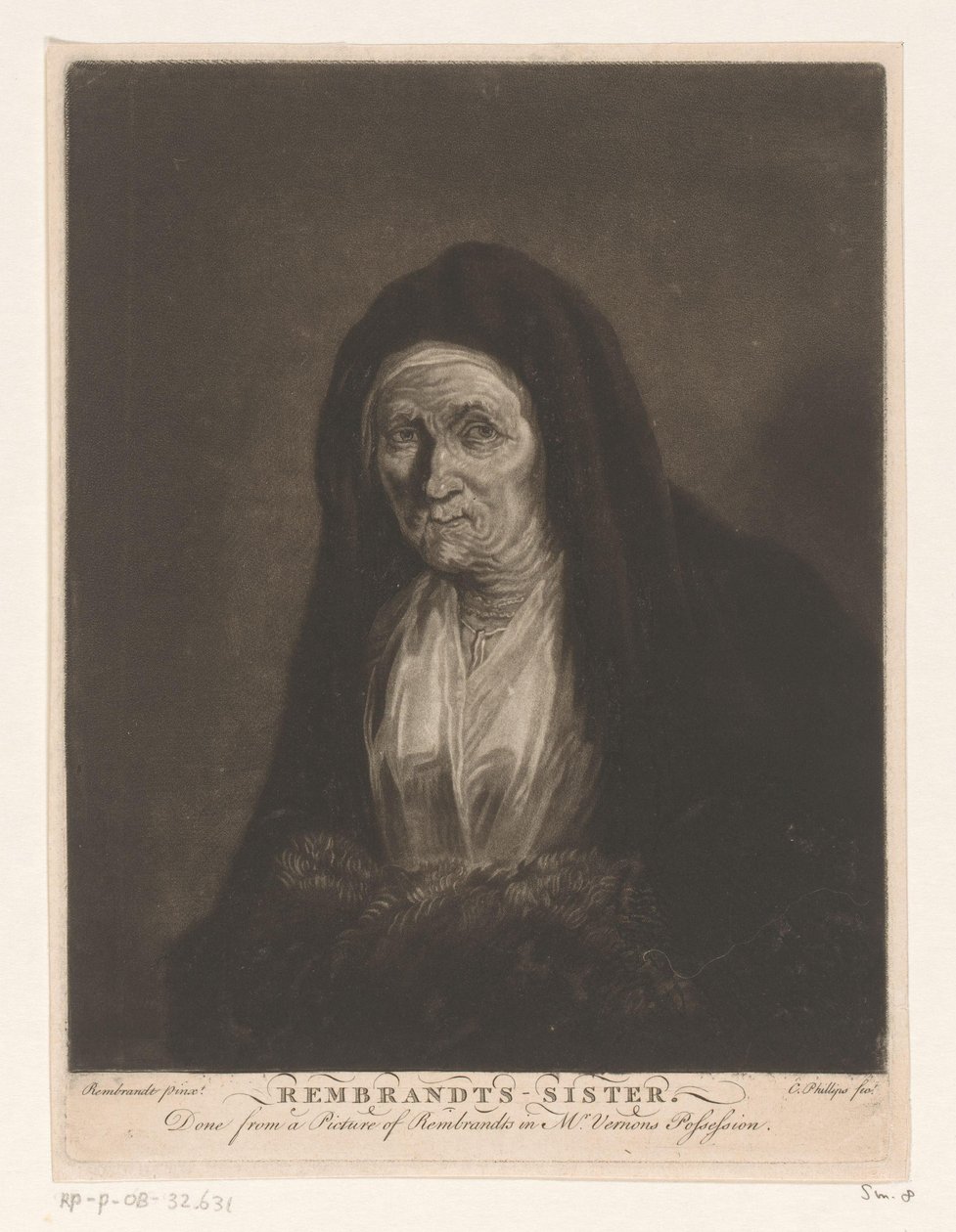 Porträtt av en okänd gammal kvinna Rembrandts - syster (titel på objekt) av Charles Phillips