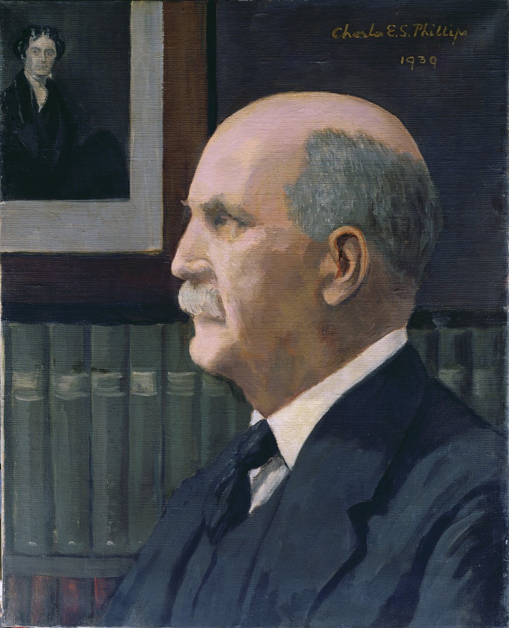William Henry Bragg (1862-1942) med en bild av Michael Faraday (1791-1867) i bakgrunden, 1939 av Charles Phillips