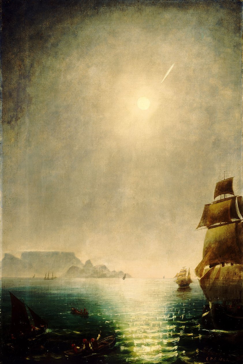 Månskensvy över Table Bay som visar den stora kometen 1843 av Charles Piazzi Smyth