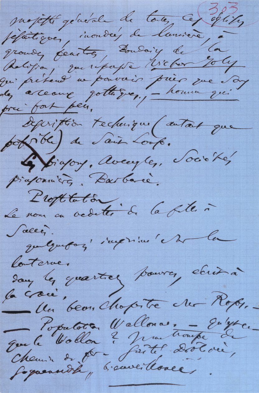 Sida 303 i Baudelaires pamflett "Pauvre Belgique" som beskriver hans resa till Namur av Charles Pierre Baudelaire