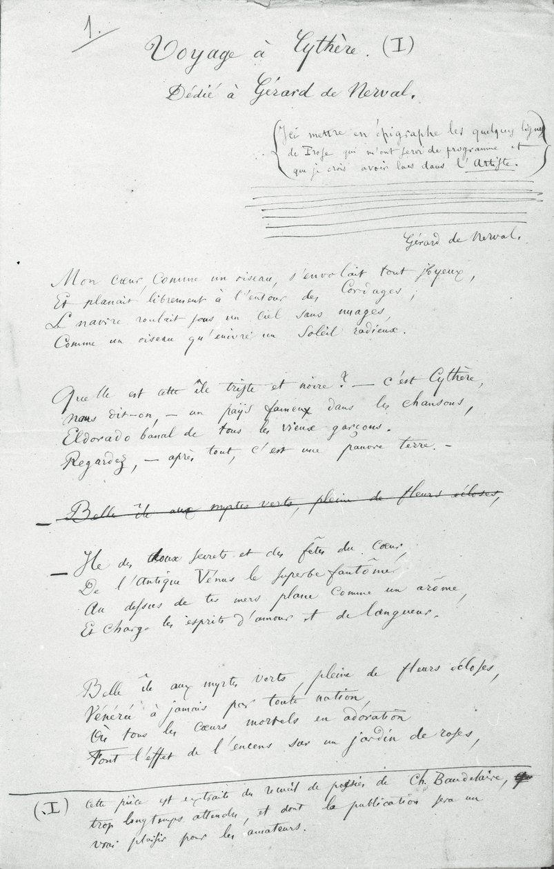 "Voyage a Cythere" autografdikt (penna och bläck på papper) (s/v foto) av Charles Pierre Baudelaire