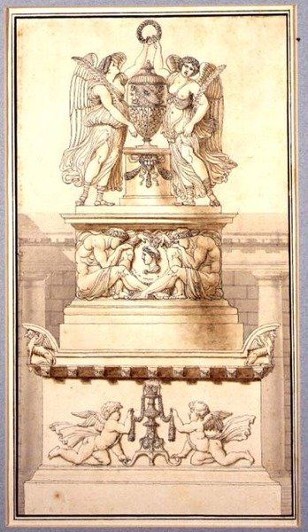 Design för ett begravningsmonument till en romersk general, ca 1800 (krita, penna och bläck och tvätt på papper) av Charles Pierre Joseph Normand