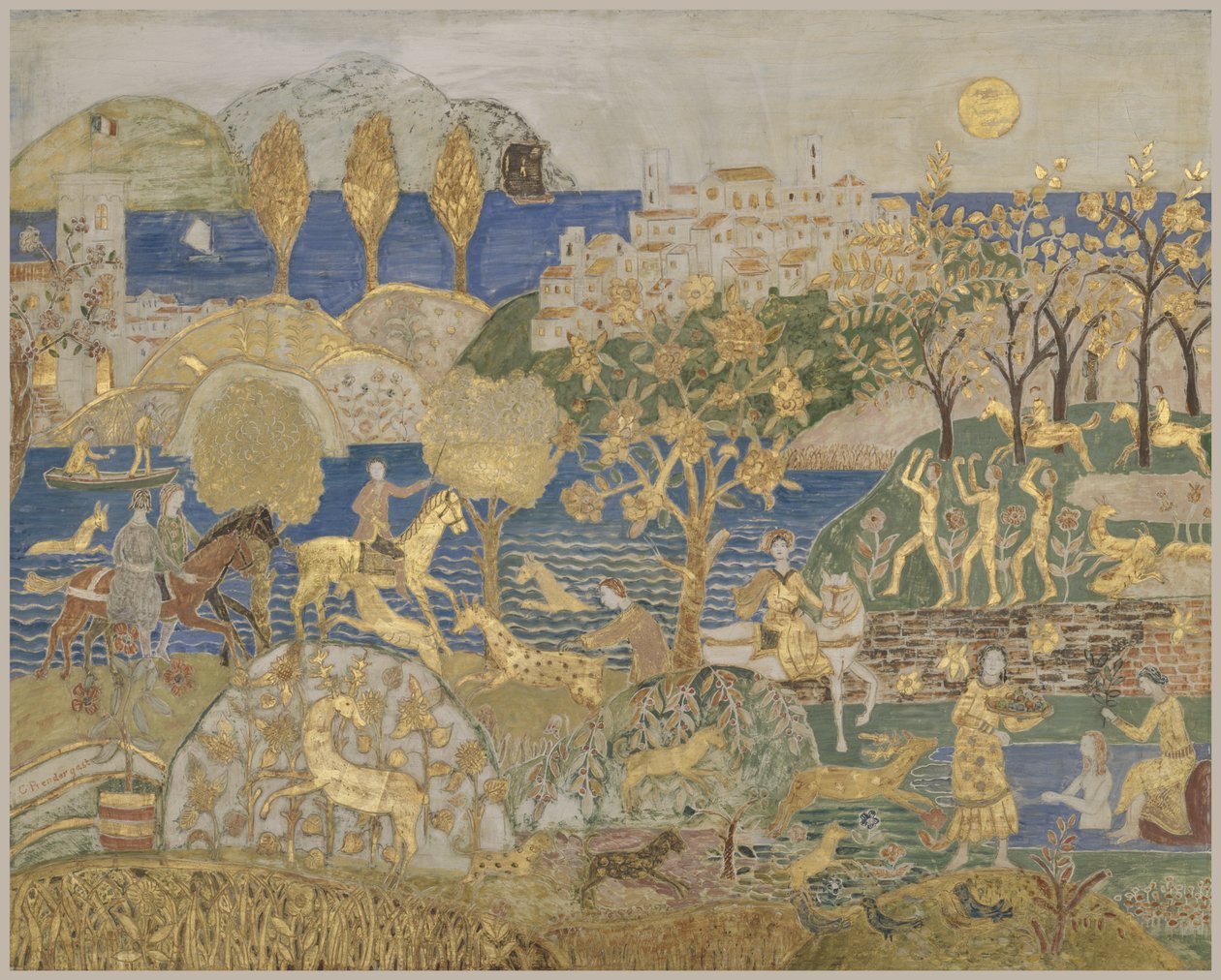 Hill Town, ca 1928 (tempera, grafit och bladguld på inskuren, gessoed panel) av Charles Prendergast