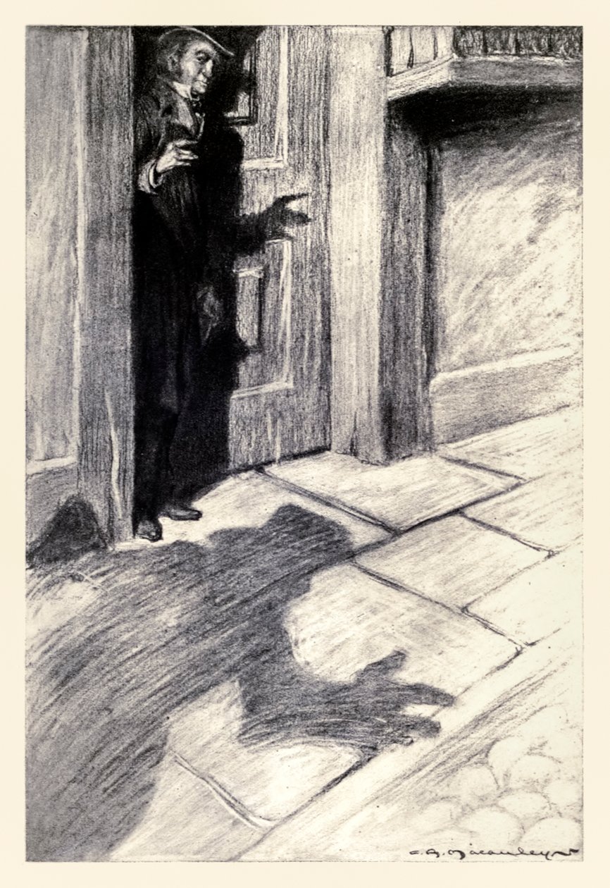 Mr Utterson var medveten om ett udda, lätta fotsteg som närmade sig" från "Strange Case of Dr Jekyll and Mr Hyde" av Robert Louis Stevenson (1850-1894) illustrerad av Charles Raymond Macauley (1871-1934) av Charles Raymond Macauley
