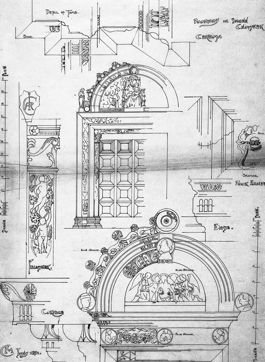 Certosa di Pavia, Dörröppning i det lilla klostret, 1891 (Sida från skissbok, bläck på patronpapper) av Charles Rennie Mackintosh