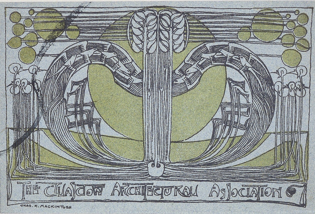 Conversazione Program for the Glasgow Architectural Association, 1894 (linosnitt tryckt i svart och grönt på ljusblått papper) av Charles Rennie Mackintosh