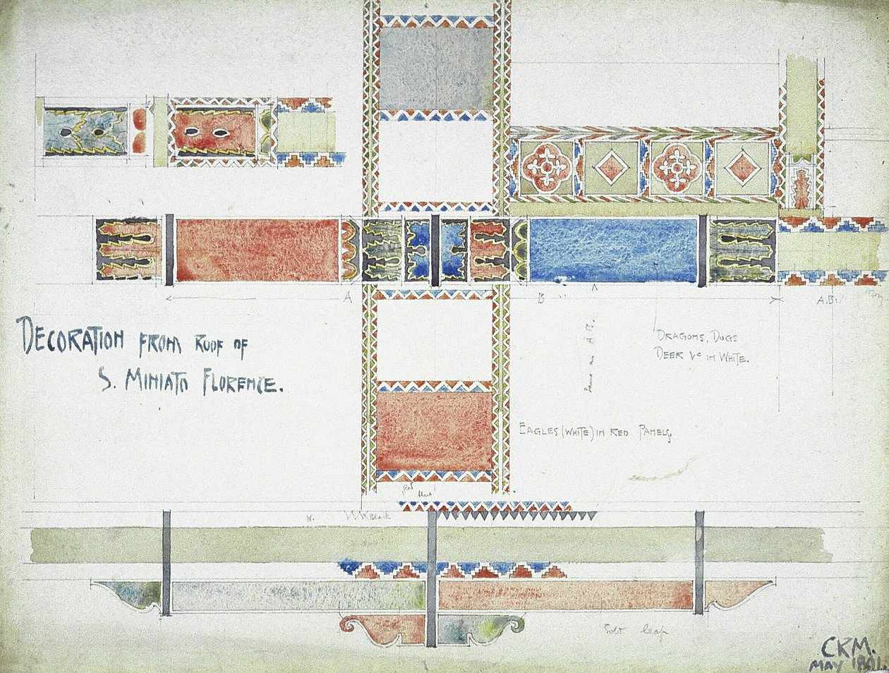 Dekoration från Roof of S. Miniato, Florens, 1891 (penna och akvarell på papper) av Charles Rennie Mackintosh