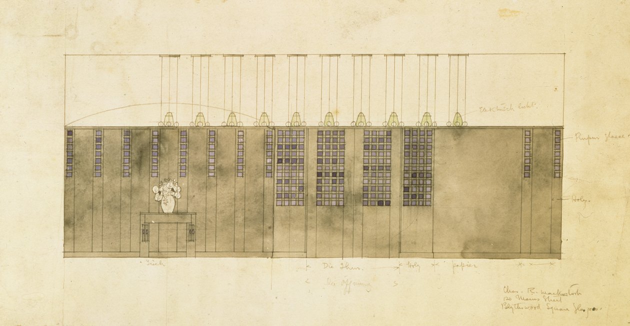 Design för vägg, bord och dörrar, 1905 (wc över penna och bläck på papper) av Charles Rennie Mackintosh