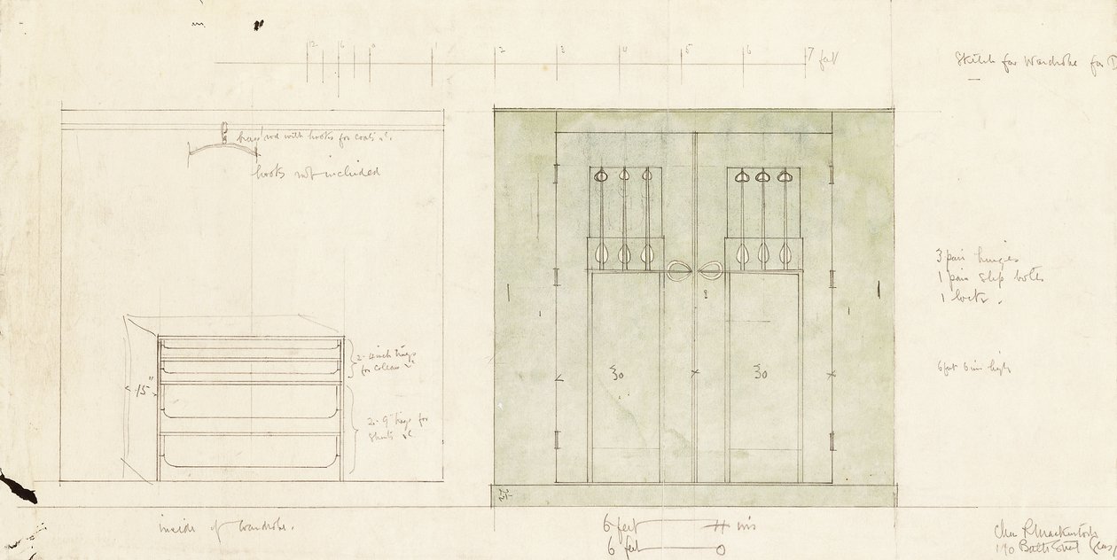 Design för en garderob, visad i höjdled på framsidan och interiören, ca 1899-1900 (Blyertspenna, akvarell) av Charles Rennie Mackintosh