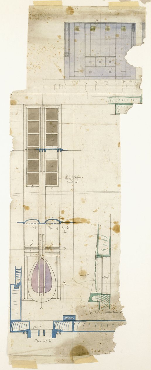 Design för en garderob, visad i höjdled, med halvfulla detaljer av dekorativ panel, 1904 av Charles Rennie Mackintosh